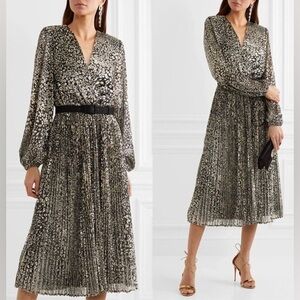Rebecca Vallance NEW Vienna Leopard Print Fine Knit Midi Dress In Gold Size US 4